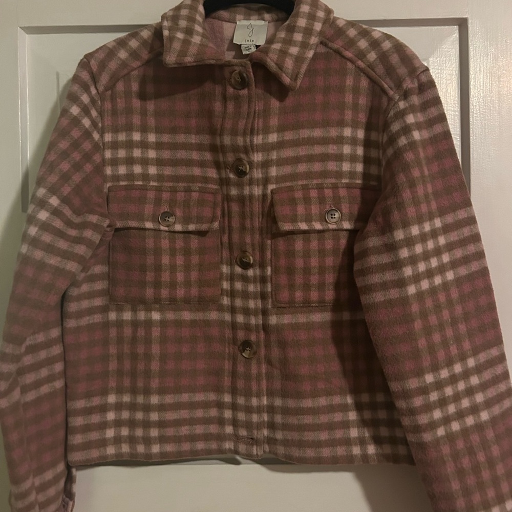 Joie Plaid Button-Up Jacket in Pink and Beige